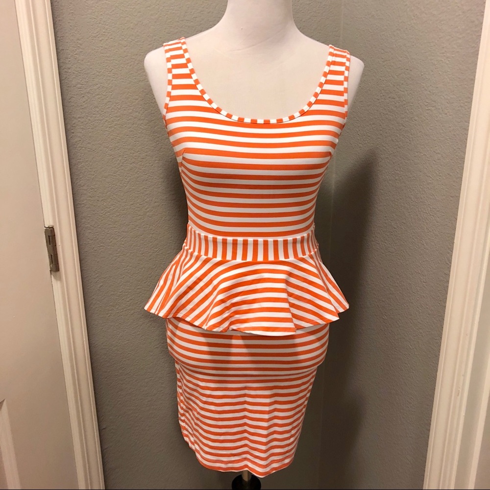 NWOT Bebe Orange & White Striped Peplum Dress